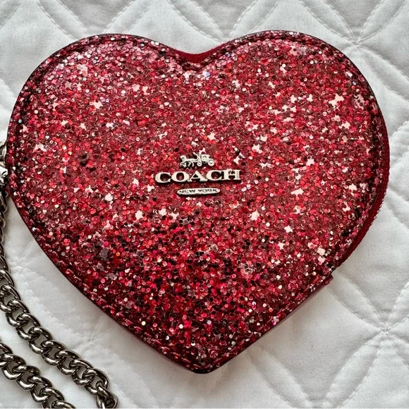 Coach Red Sparkle Glitter Leather Heart Coin Purse Bag Charm Mini Wallet - Picture 2 of 11